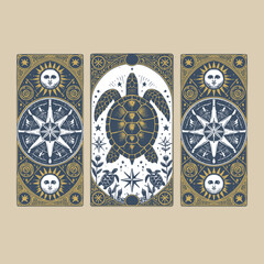 vintage-inspired turtle badge in detailed vector linework for naturalist card collection