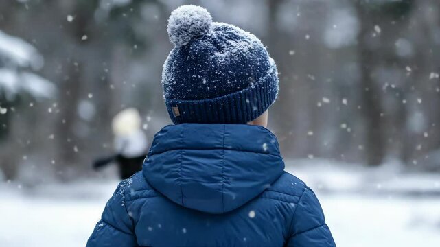 A child wearing a blue coat and beanie walks away from the camera through a snowy landscape. The child is covered with snowflakes, indicating recent snowfall.