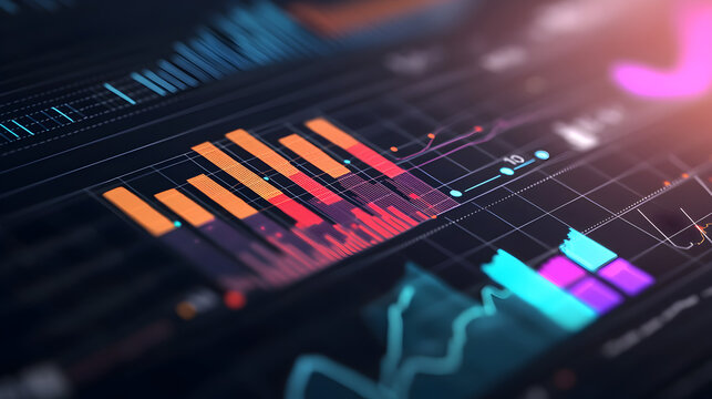 A vibrant digital data visualization featuring colorful graphs and charts, illustrating trends and analytics in a sleek modern design.