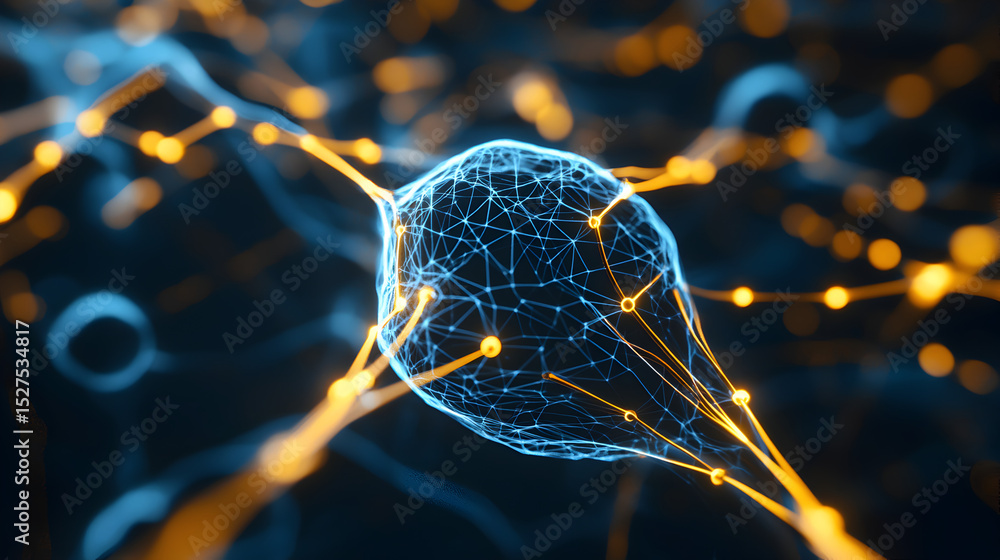 Poster a futuristic digital representation of a cell with glowing connections, illustrating the complexity 