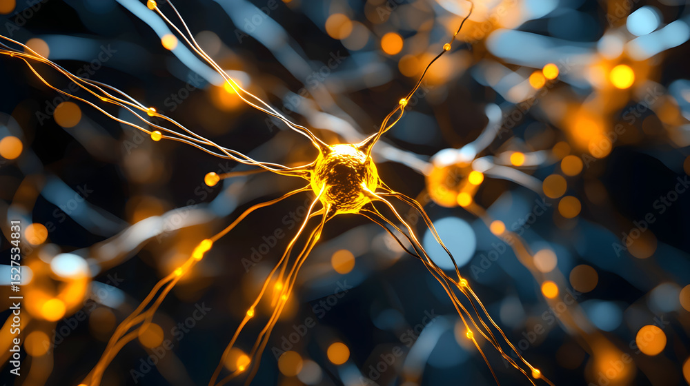 Poster a close-up view of a glowing neuron with intricate connections, representing neural networks and the
