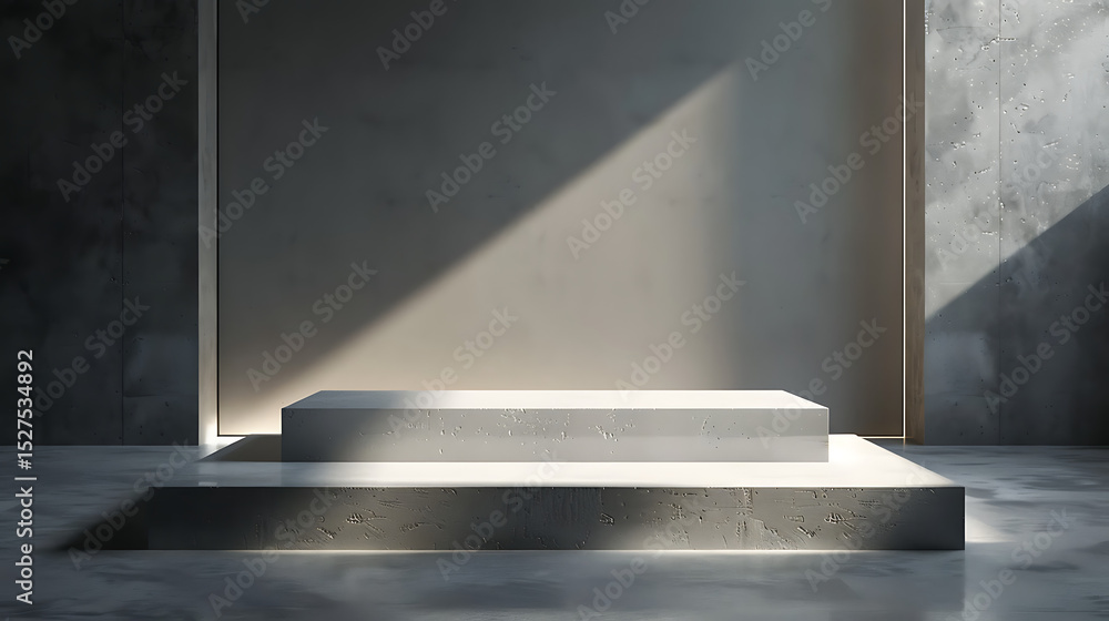 Poster a minimalist concrete podium stands in a modern studio with natural light and shadows creating a geo