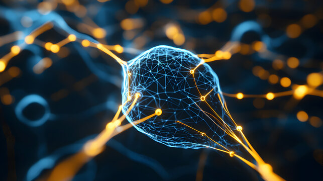 A futuristic digital representation of a cell with glowing connections, illustrating the complexity of biological structures and networks.