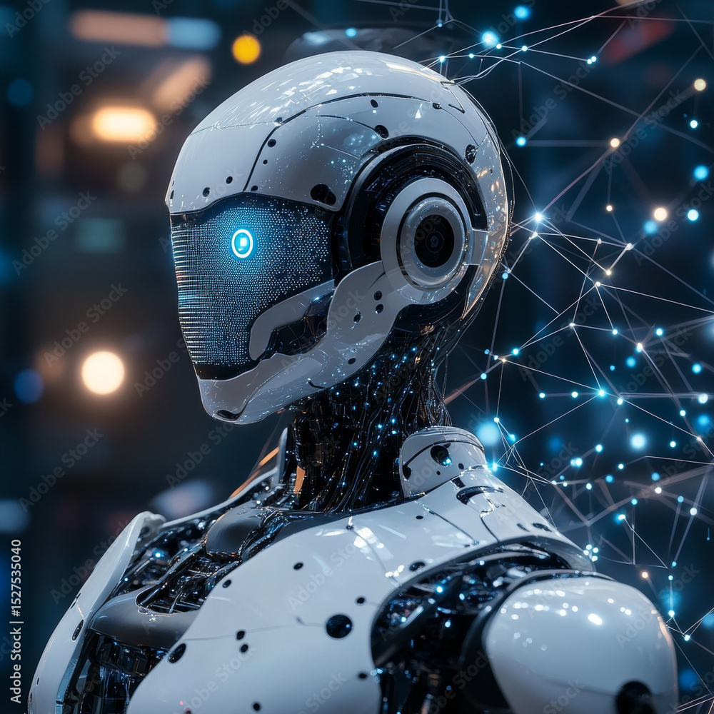 Poster blockchain technology, hands of robot hold digital blockchain network connection, decentralized, sec