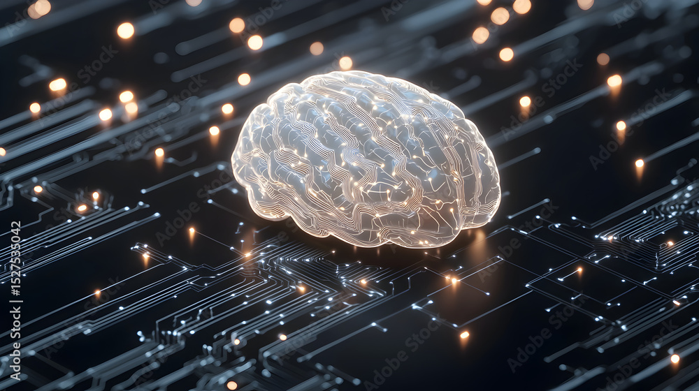 Poster a digital brain model sits on a circuit board, symbolizing the intersection of technology and neuros