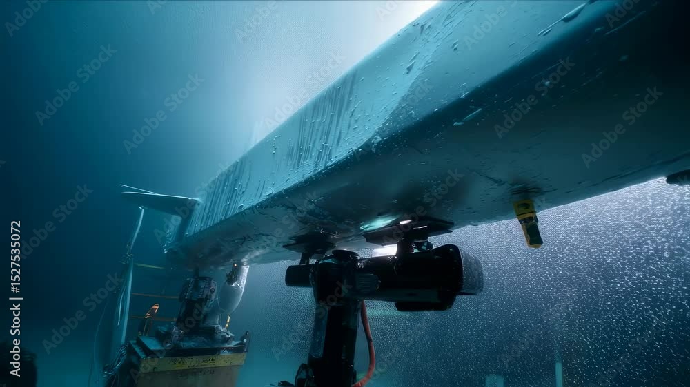 Poster cavitation bubbles forming on hydrofoil model during testing in water tunnel, illuminated by bright 