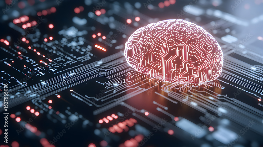 Poster a digital brain composed of circuit patterns sits atop a glowing electronic circuit board, symbolizi