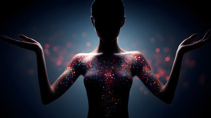 Human figure made of glowing particles, sci-fi digital art style
