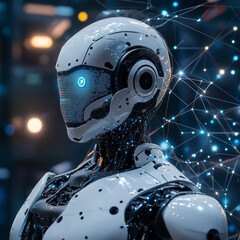 Fototapeta premium Blockchain technology, Hands of robot hold digital blockchain network connection, decentralized, secure, and innovative technology.