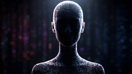 Human figure made of glowing particles, sci-fi digital art style
