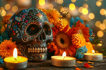 Decorated sugar skulls with marigold flowers and candles for Mexican Day of the Dead, cinco de mayo, celebration altar ritual, generative ai