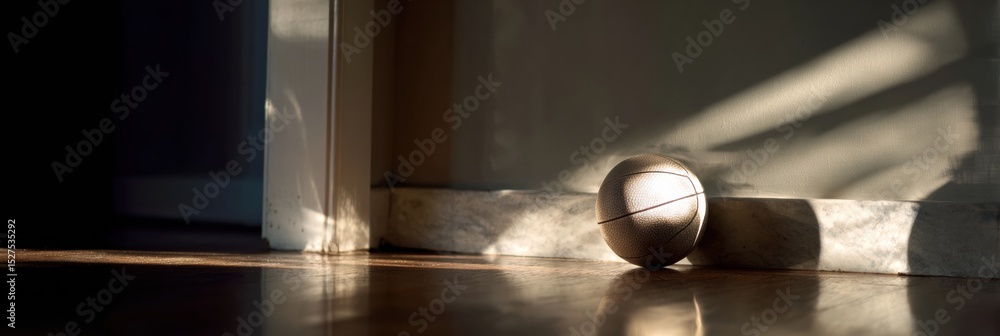 Poster reflected ball resting in shadows on polished court floor with ambient light in a serene indoor sett