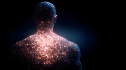 Human figure made of glowing particles, sci-fi digital art style
