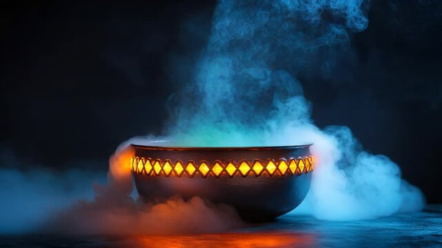 A cauldron filled with a glowing, teal liquid, surrounded by dramatic blue smoke, sits on a dark surface