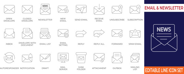 Modern filled thin line icon pack for email communication including inbox, newsletter, reply, and notifications. Perfect for email marketing, newsletter platforms, and UI/UX design.