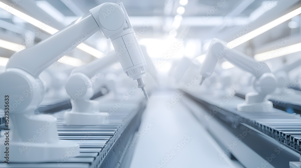 Poster a high-tech manufacturing scene featuring robotic arms positioned along an assembly line, emphasizin