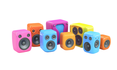 Vibrant collection of colorful cartoon speakers floating against a dark background