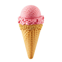 A delicious pink ice cream scoop atop a crispy cone, perfect for summer enjoyment