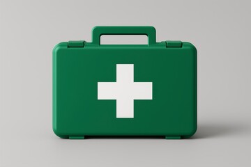 Obraz premium Viewing a Green First Aid Kit with White Cross on Gray Background