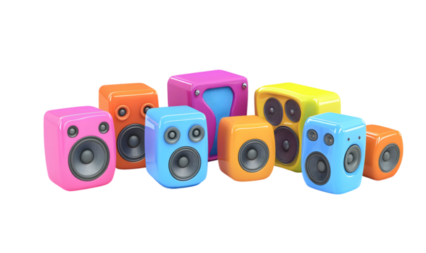 Vibrant collection of colorful cartoon speakers floating against a dark background