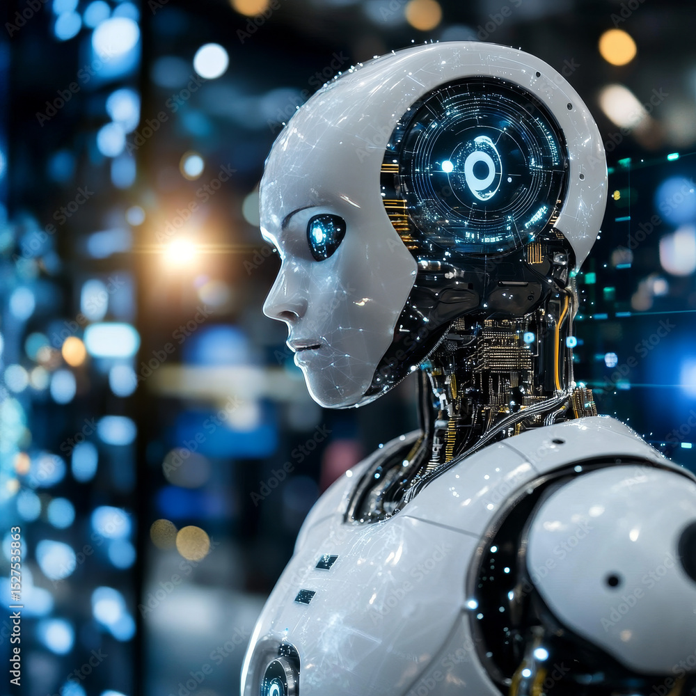 Poster defi (decentralized finance), hands of robot hold blockchain financial documents network, digital as