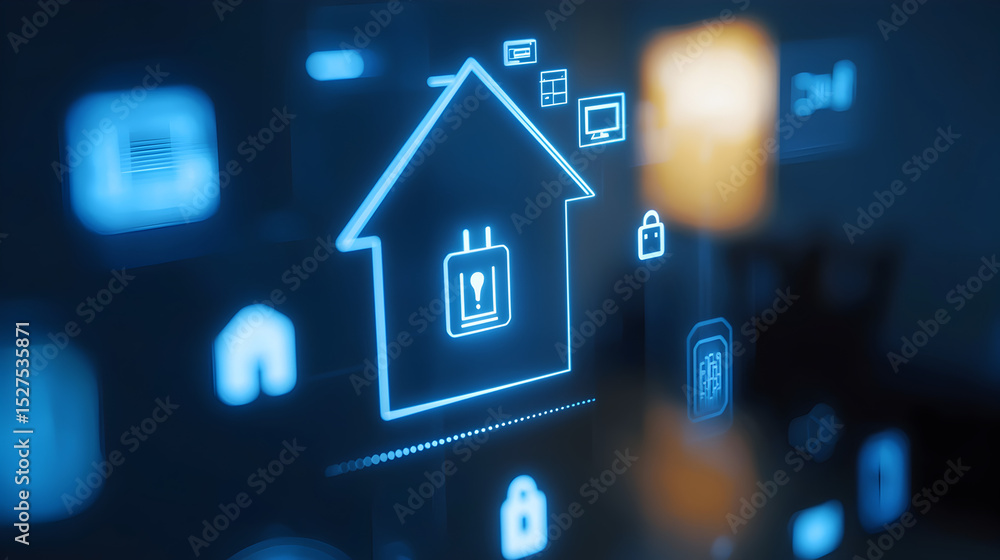 Poster a futuristic interface displaying smart home icons in glowing blue, symbolizing connectivity and aut