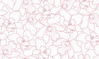Seamless Pattern Floral Orchid Outline. Flower Botanical Hand drawn Background. Vector illustration.