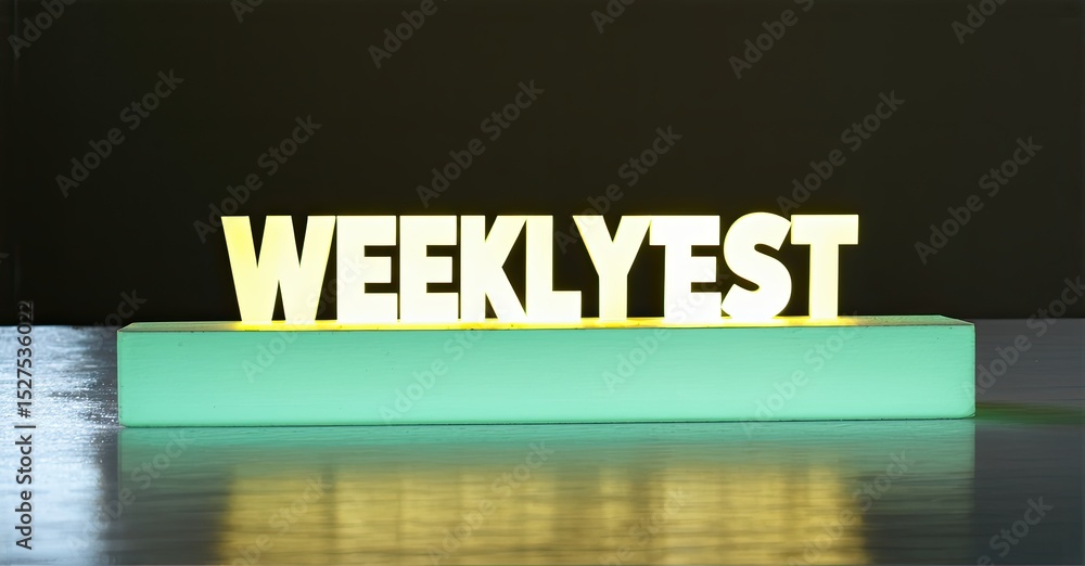 Aufkleber Bright illuminated word WEEKLYEST rests upon turquoise rectangular base. Reflections visible on glossy surface below. Simple studio setup.