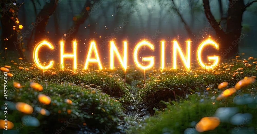 Poster Glowing text spells changing amidst lush forest floor. Soft light filters through trees, creating magical atmosphere.