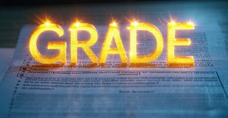 Bright grade text over blurred test paper. Focus on education, results, assessment, learning process. Intense glow effect present.