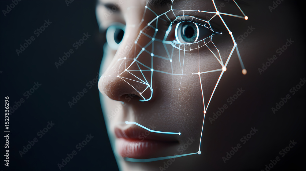 Poster a digital face with geometric lines and nodes, showcasing a blend of technology and human features, 