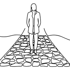 Line Art of a Person Walking on a Cobblestone Street for Art Blogs, Minimalist Design Websites, Home Decor, and Illustration Portfolios  