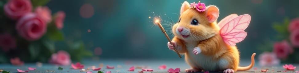 Fluffy hamster with glitter wings, flower crown, wand, magic, enchanted