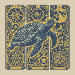 retro turtle artwork in detailed vector style for nature-themed collectible card
