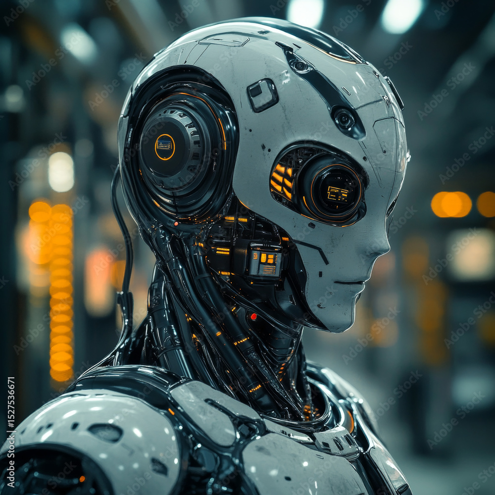 Poster hosting management, hands of robot hold hosting control panel, network configuration, server mainten