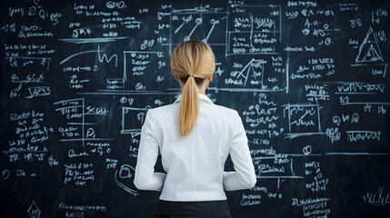 A woman stands in front of a blackboard filled with mathematical equations and diagrams, pondering the complex information presented.