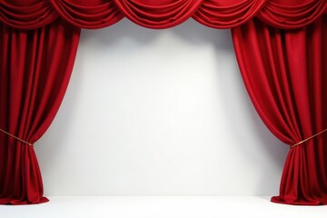 Crimson velvet drapes flanking pristine white stage backdrop, white, elegant, stage