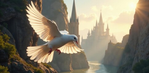 White dove in flight, soaring past majestic cathedral , winged, architecture, prayer