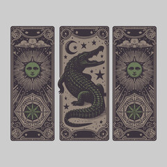 antique-style alligator drawing in vector format for custom card deck with reptile theme