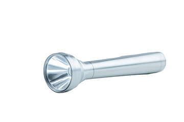 Sleek silver flashlight casting light in darkness, providing visibility and focus
