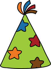 Party hat with colorful star shapes and festive ribbons, bright green cone shaped design perfect for celebrations and joyful events