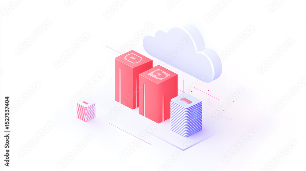 Poster a digital illustration depicting abstract data storage and cloud computing with colorful blocks and 