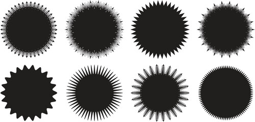 Sunburst sticker shapes. starburst zigzag badge, spiky oval, circle and star shapes price tag, discount and Special offer price tag, sale label stickers, Stamp, Promo Design, Round silhouettes vector.