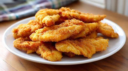 Crispy Breaded Chicken Strips on a White Plate