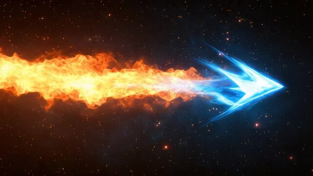 A fiery, glowing arrow streaks across a starry night sky