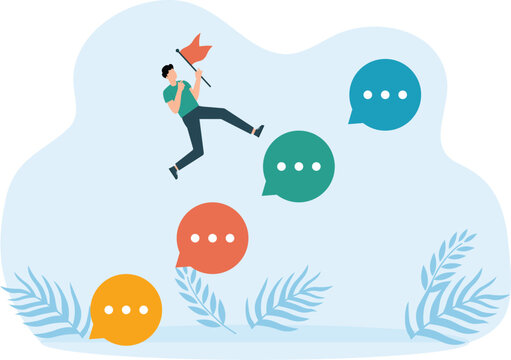 Effective advice or feedback to motivate success and comments opinions for career, help or communication to support employees, businessman jumps on speech bubble advice to success.
