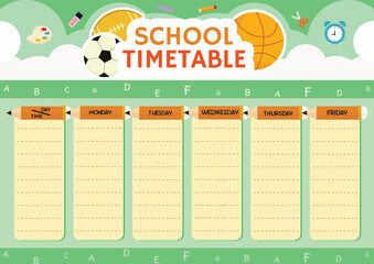 Colorful School Timetable with Learning Tools. Featuring Fun Icons of  Cute Cartoon and School Supplies.