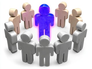 Leadership and Individuality in Business A blue wooden figure stands apart from neutralcolored figures