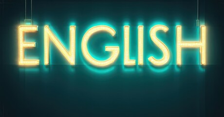 Obraz premium Bright neon sign displays word English. Turquoise background creates dramatic lighting effect. Simple, bold presentation.