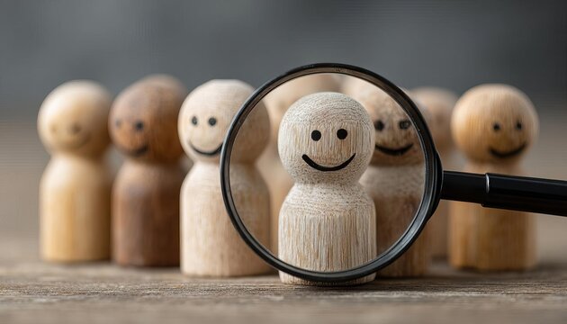 Leadership and Career Growth in HR A magnifying glass focuses a smiling wooden figure among others
